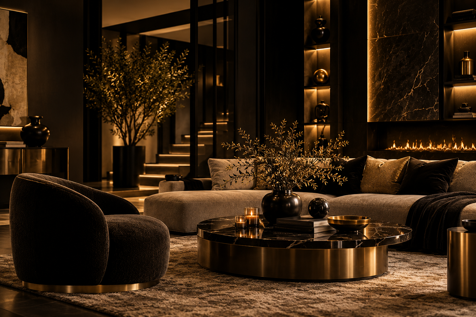 Luxury contemporary living room with dark and gold interiors